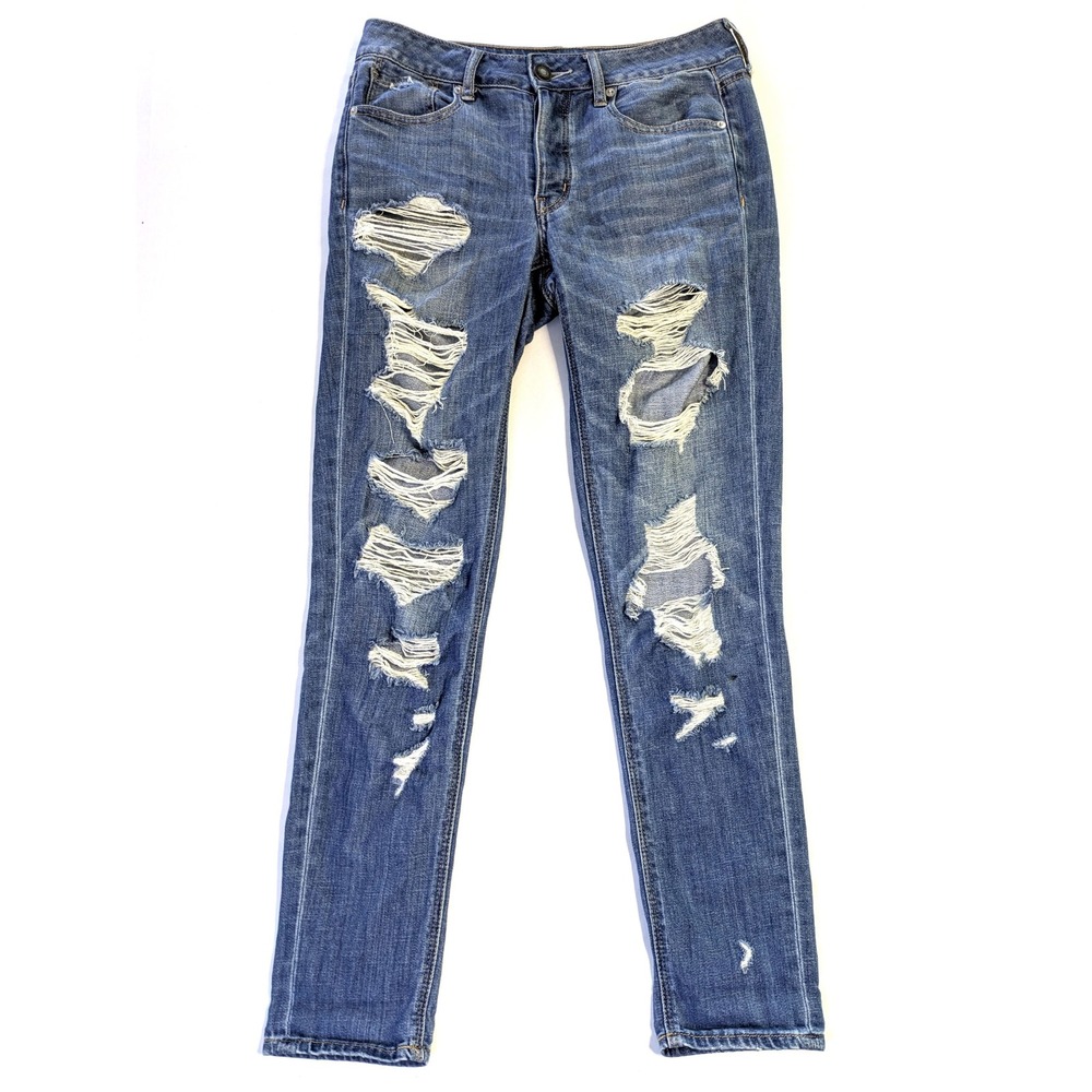 American Eagle Tomgirl Jeans Womens 2 Regular Distressed Button Fly Medium Wash